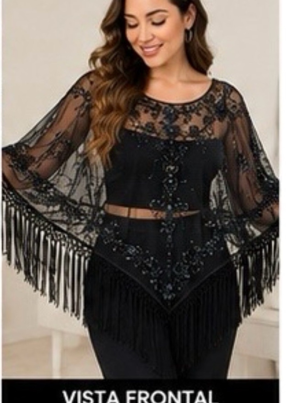Beaded Sheer Fringe Tunic Top - Black